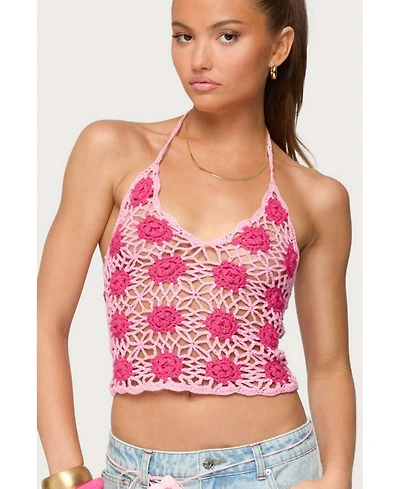 Edikted Womens Contrast Floral Crochet Halter Top