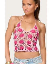 Edikted Womens Contrast Floral Crochet Halter Top