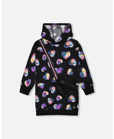Deux par Girl Hooded Fleece Dress Black and Multicolor with Trompe-l Bag Detail - Child