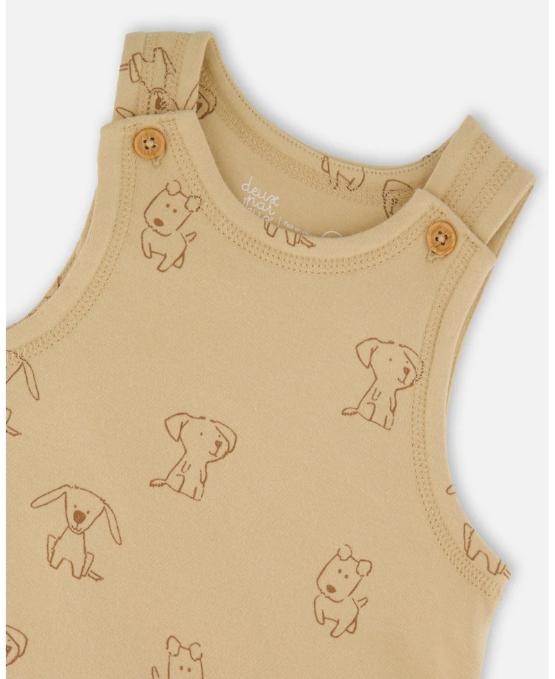 Deux par Baby Boys Cotton Onesie with Overalls Set Beige Printed Dogs
