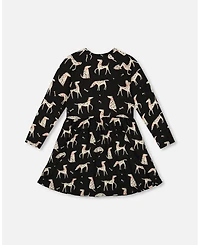 Deux par Girl Half Button Jersey Dress Black Dalmatian Print - Child