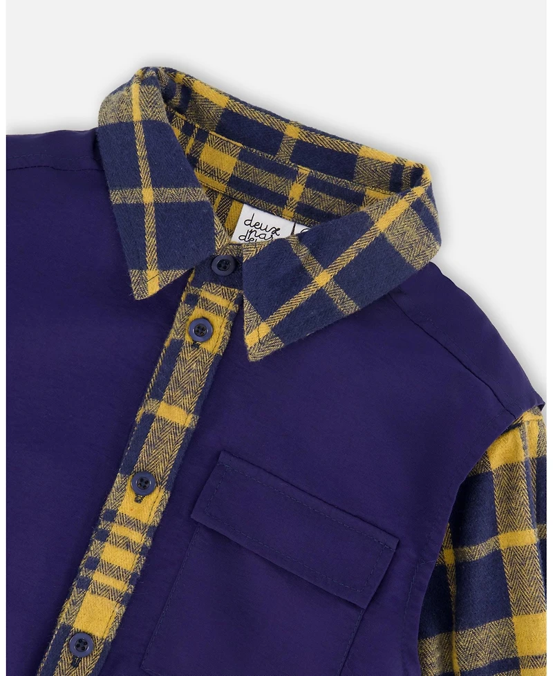 Deux par Boy Long Sleeve Plaid Flannel Shirt with Solid Vest Blue and Ocher - Toddler|Child