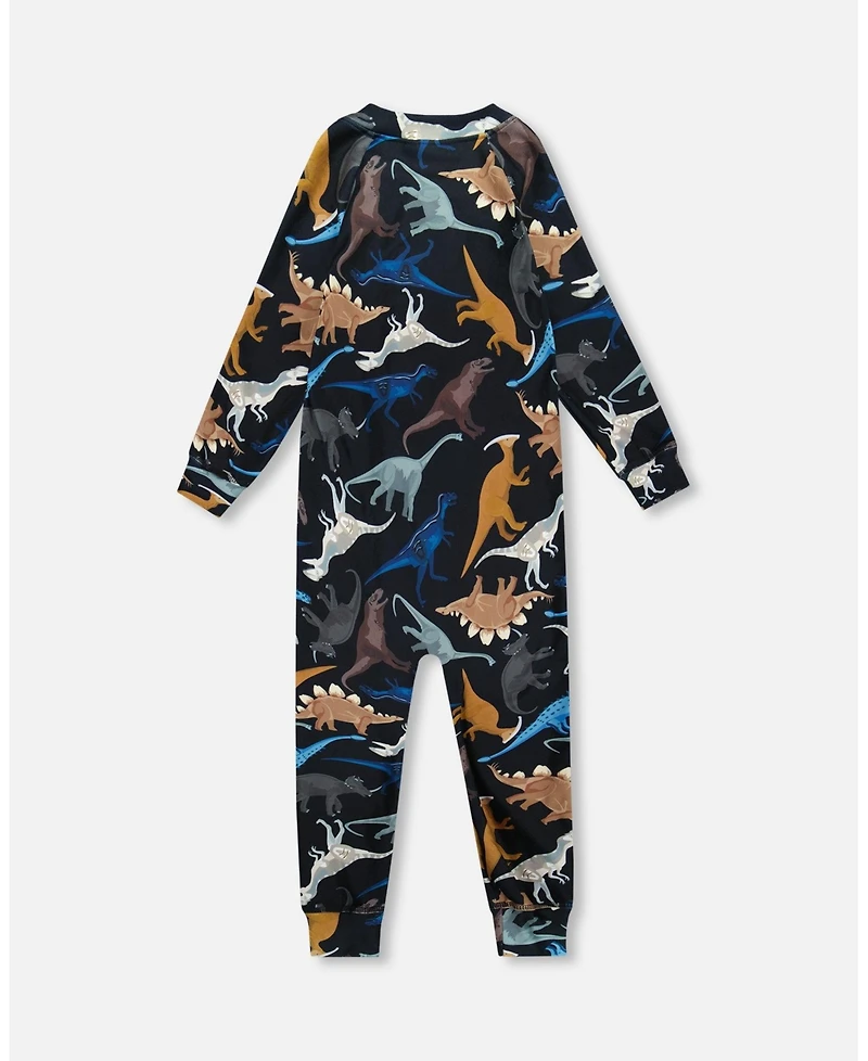Deux par Baby Boy One-Piece Thermal Underwear Black Dinosaur Print