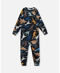 Deux par Baby Boy One-Piece Thermal Underwear Black Dinosaur Print