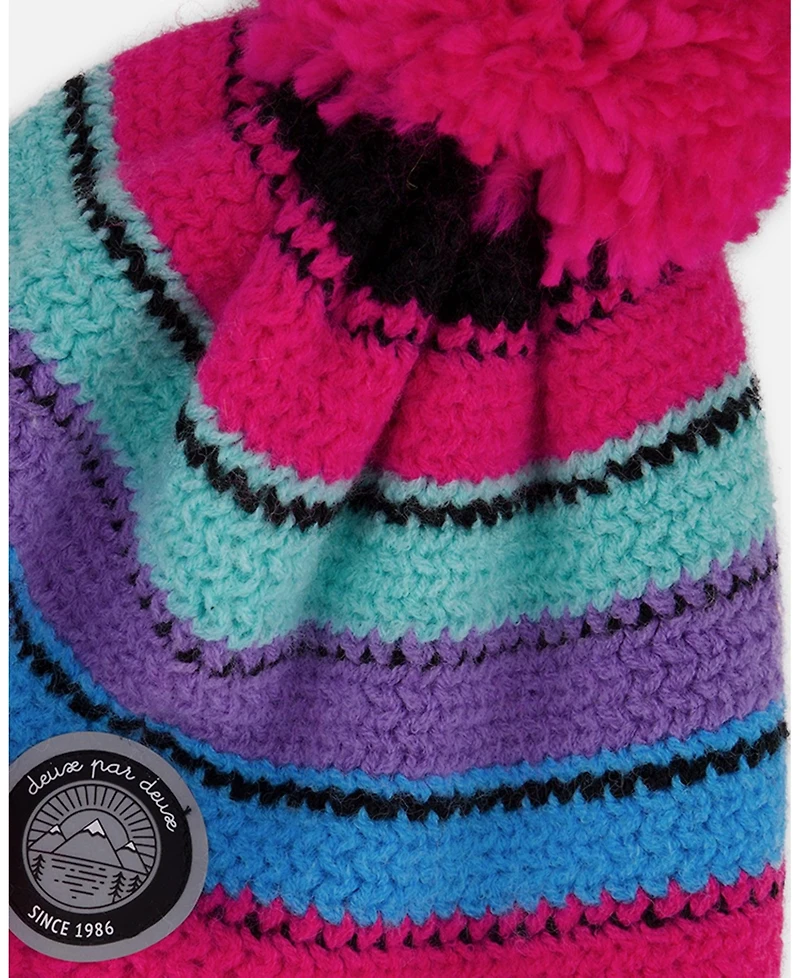 Deux par Girl Lined Peruvian Knit Pompom Hat Pink and Multicolor - Toddler|Child