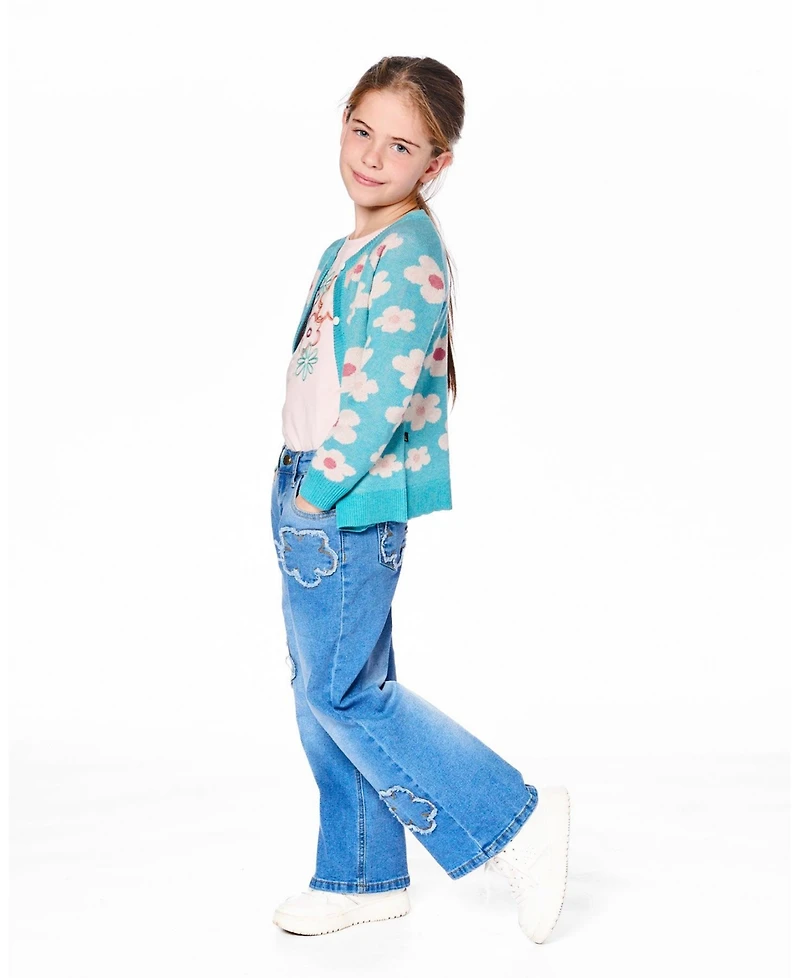Deux par Girl Button Front Knitted Cardigan Turquoise Blue