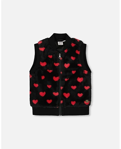 Deux par Toddler Girls Faux Fur Sleeveless Vest Black and Red with Hearts - Toddler|Child