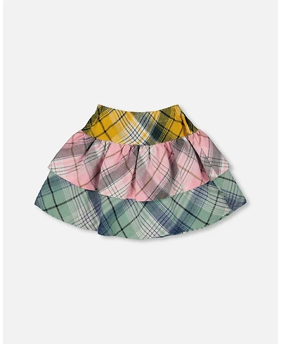 Deux par Toddler Girls Two-Tiered Flannel Skirt Green Pink and Yellow - Toddler|Child