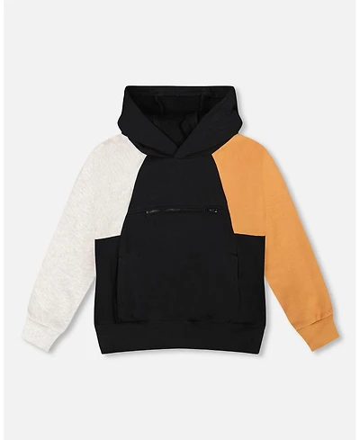 Deux par Big Boys Pullover Hooded Fleece Sweatshirt with Zip Pocket Black