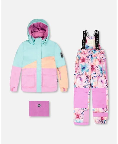 Deux par Big Girls Two-Piece Play Snowsuit Pink Watercolor Flower Print