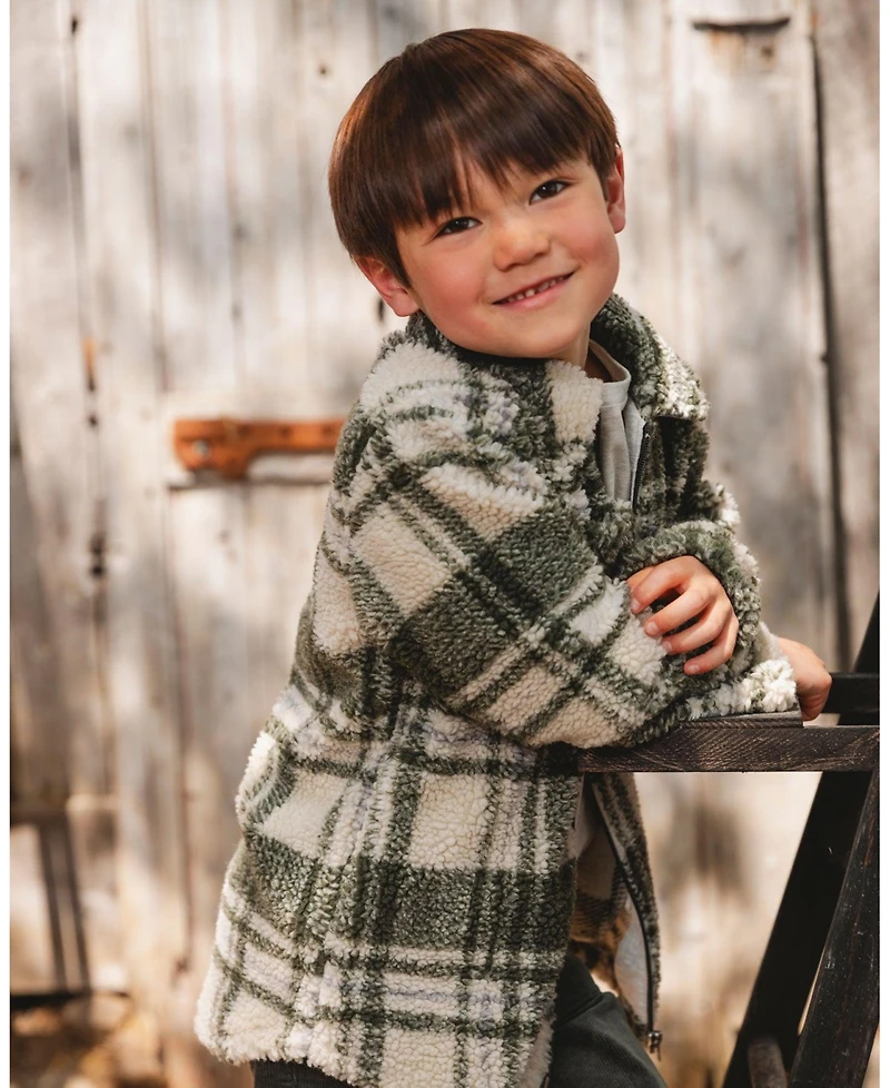 Deux par Boy Sherpa Long Sleeve Zip Front Overshirt Sage and Beige Plaid
