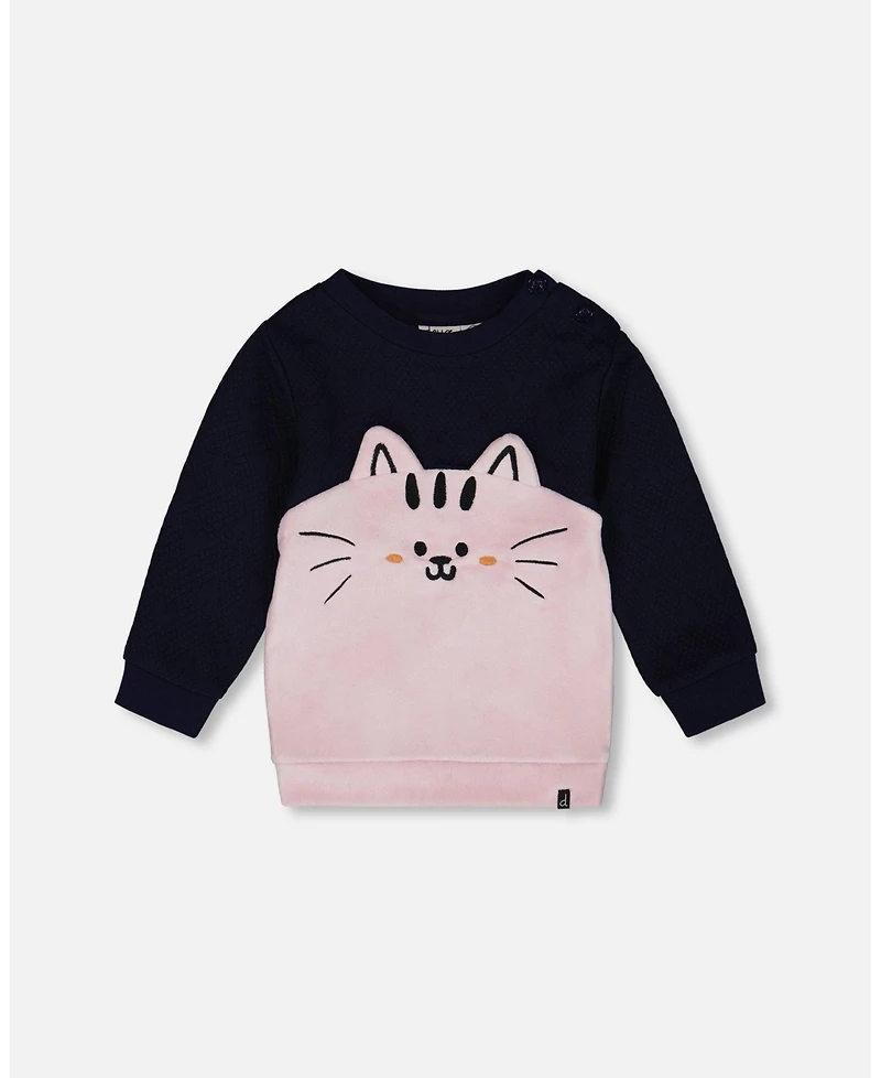 Deux par Girl Long Bi-Material Top Dark Blue with Cat