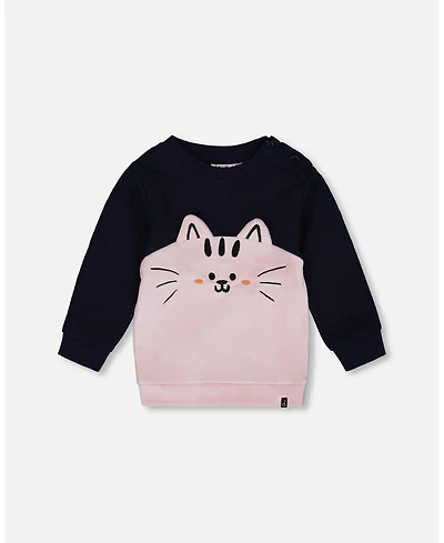 Deux par Girl Long Bi-Material Top Dark Blue with Cat