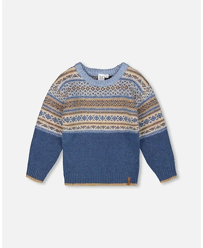 Deux par Toddler Boys Norwegian Jacquard Knit Sweater Blue and Cream - Toddler|Child