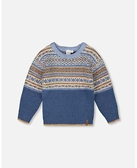 Deux par Toddler Boys Norwegian Jacquard Knit Sweater Blue and Cream - Toddler|Child