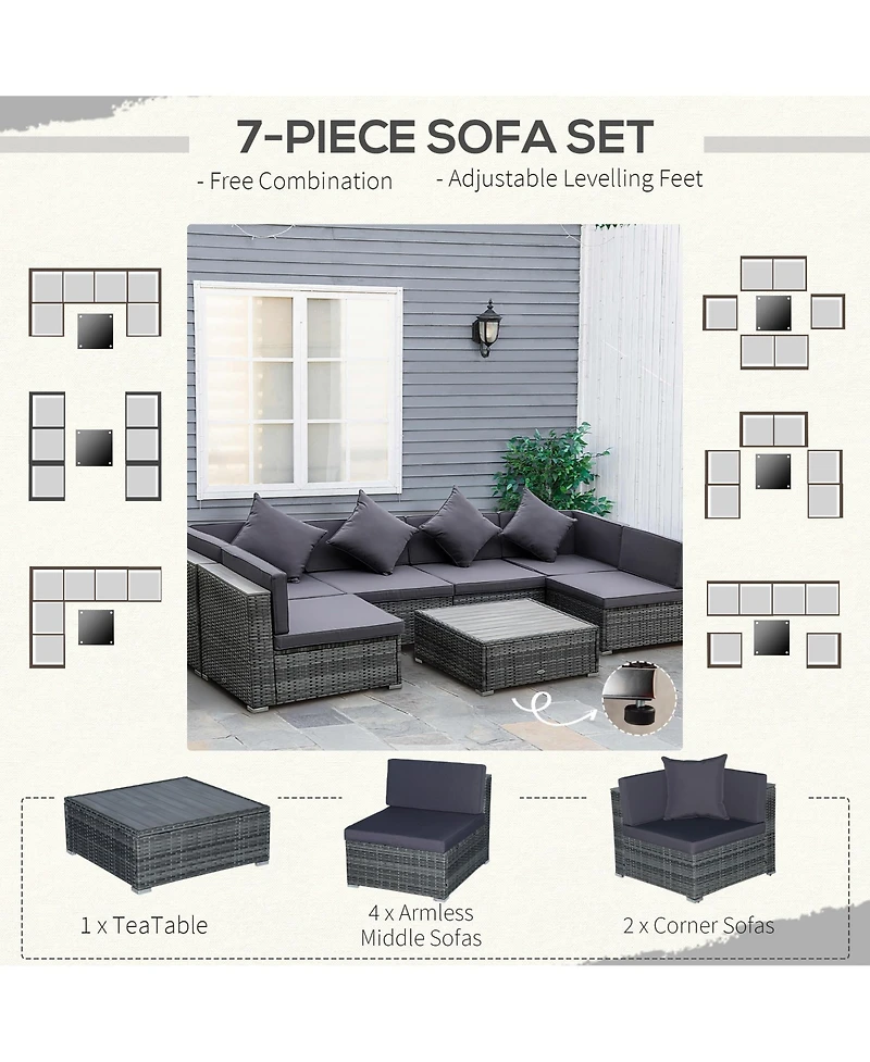 Outsunny 7-Piece Pe Rat Sectional Sofa Set with Table,