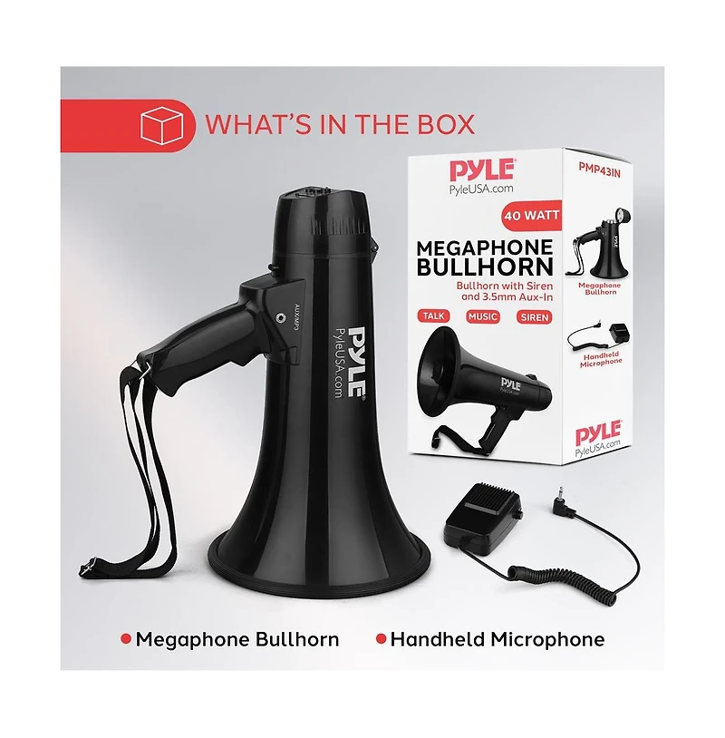 Pyle Megaphone Bullhorn with Aux Input for MP3/Music, Automatic Siren, 40 Watt