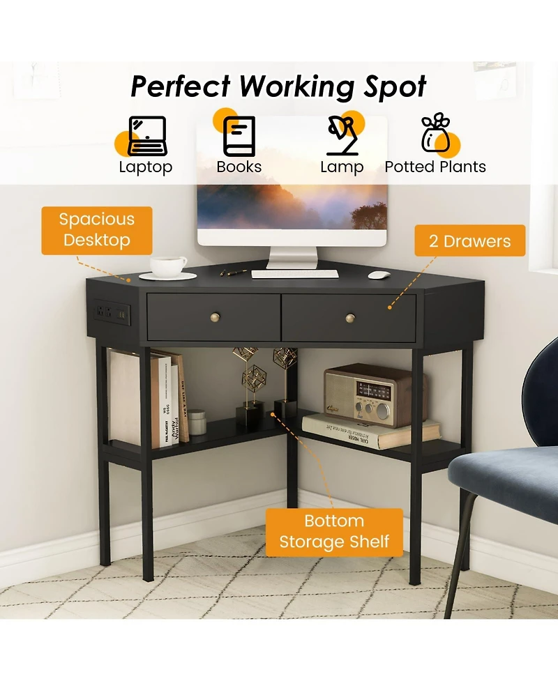 Mecale Space Saving Corner Computer Desk with 2 Large Drawers