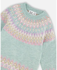 Deux par Toddler Girls Sweater with Norwegian Jacquard Turquoise Blue - Toddler|Child