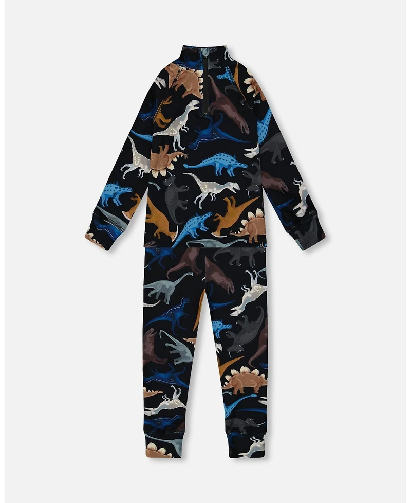 Deux par Big Boys Two-Piece Thermal Underwear Seat Black Dinosaur Print
