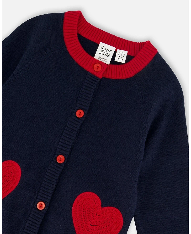 Deux par Big Girls Knitted Cardigan Navy Blue with Red Embroidered Hearts