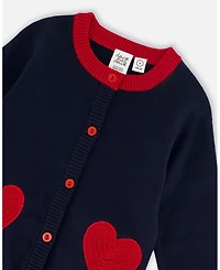 Deux par Big Girls Knitted Cardigan Navy Blue with Red Embroidered Hearts