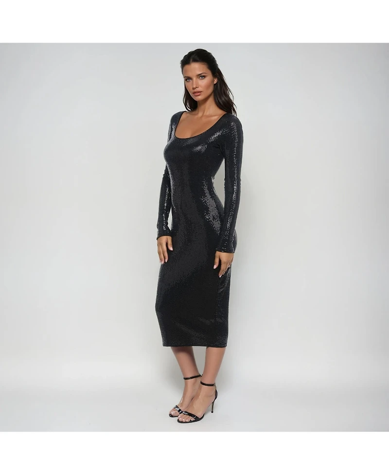 bebe Women's Long Sleeve Square Neck Disco Dot Maxi Dress