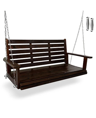 Wooden Porch Swing, Ergonomic Seat, Bench Swing with Hanging Chains and 7mm Springs, Heavy Duty 880 Lbs, for Outdoor Patio Garden Yard (Deep Brown, 3-