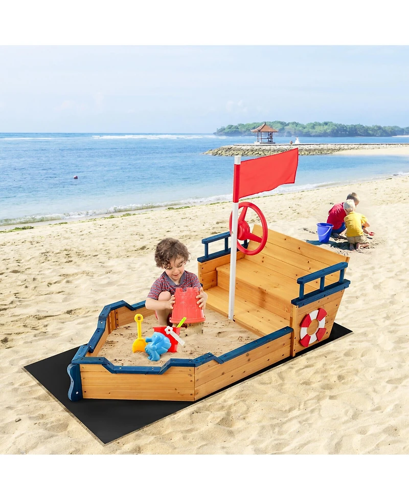 Gymax Toddler Pirate Boat Wooden Sandbox Non-Woven Fabric Liner Children Outdoor Playset