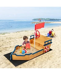 Gymax Toddler Pirate Boat Wooden Sandbox Non-Woven Fabric Liner Children Outdoor Playset