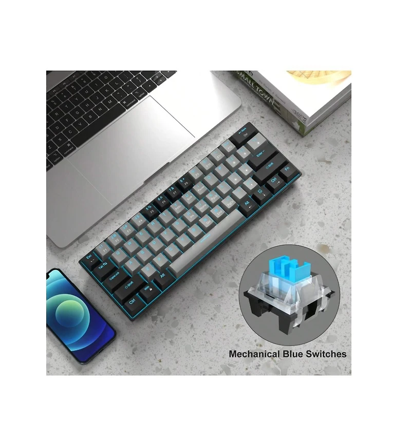 Risokeys 60% Wired Mechanical Gaming Keyboard, Ice Blue Led Backlit 61 Keys Mini Office Keyboard For Windows Laptop (Black-White, Red Switches)