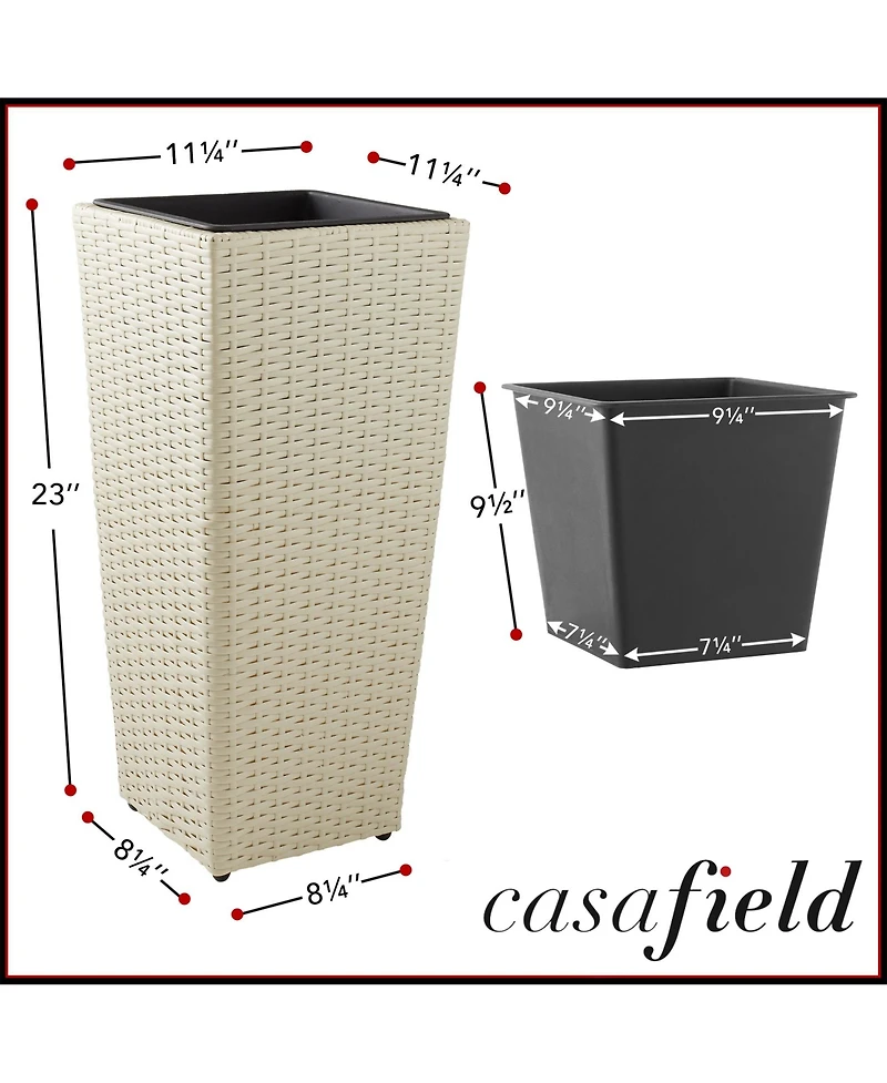 Casafield (Set of 2) All-Weather Outdoor Planters with Liners - White, Tall Tapered Plant Boxes with Flower Pots for Front Porch, Patio, Garden