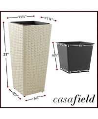 Casafield (Set of 2) All-Weather Outdoor Planters with Liners - White, Tall Tapered Plant Boxes with Flower Pots for Front Porch, Patio, Garden