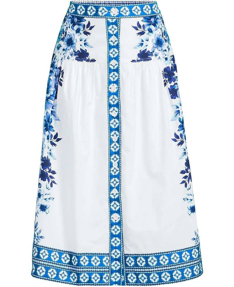 Lands' End Women's Poplin Border Print Midi Skirt - Set Bottom