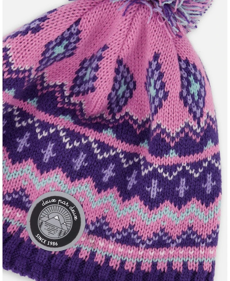 Deux par Girl Lined Peruvian Knit Pompom Hat Purple and Pink - Toddler|Child