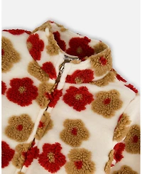 Deux par Girl Full Zip Sherpa Jacket with Jacquard Floral Pattern Beige and Red