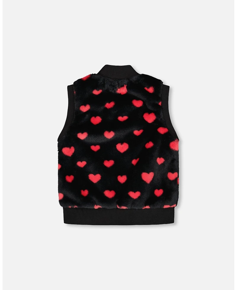 Deux par Girl Faux Fur Sleeveless Vest Black and Red with Hearts - Child