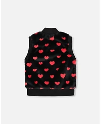 Deux par Girl Faux Fur Sleeveless Vest Black and Red with Hearts - Child
