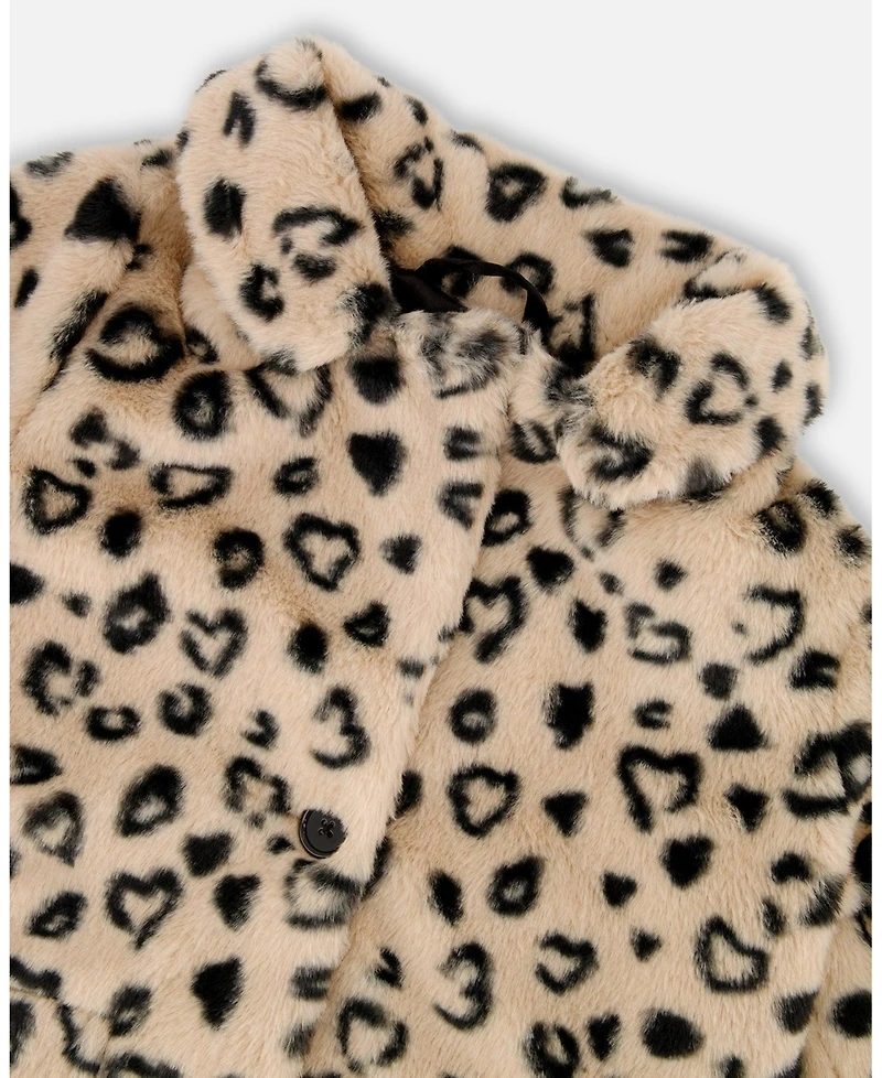 Deux par Girl Printed Fake Fur Long Coat Black and Beige Leopard - Toddler|Child