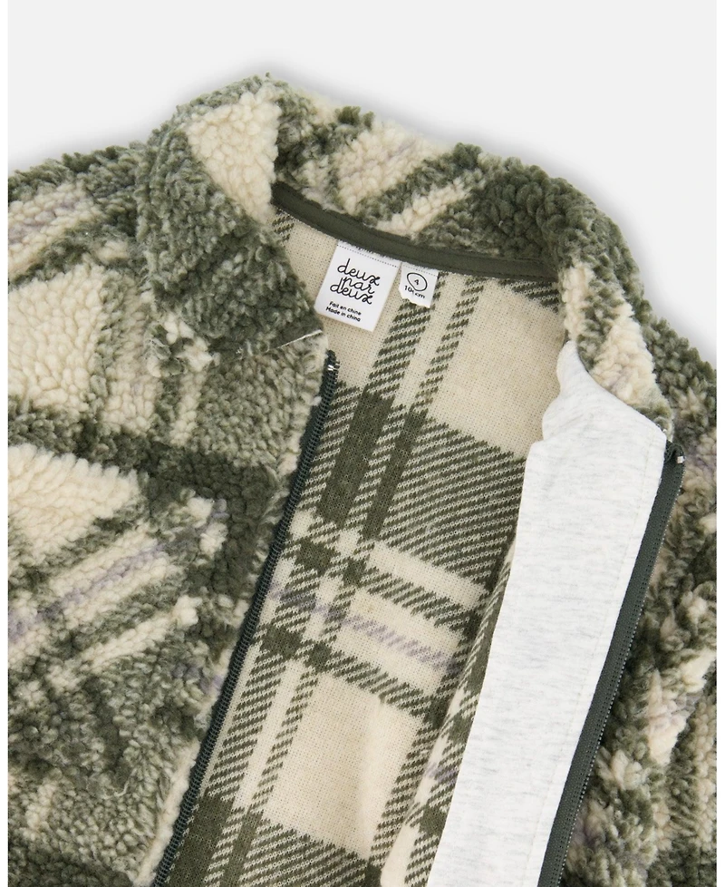 Deux par Boy Sherpa Long Sleeve Zip Front Overshirt Sage and Beige Plaid