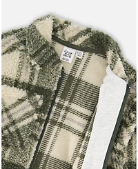 Deux par Boy Sherpa Long Sleeve Zip Front Overshirt Sage and Beige Plaid