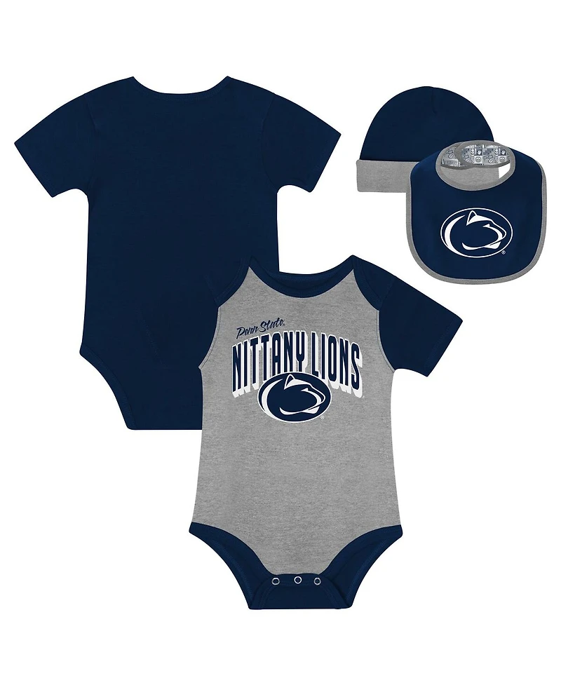 Outerstuff Baby Boys and Girls 3-Piece Penn State Nittany Lions Dynamic Duo Bodysuit, Bib Cuffed Knit Hat Set