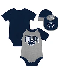 Outerstuff Baby Boys and Girls 3-Piece Penn State Nittany Lions Dynamic Duo Bodysuit, Bib Cuffed Knit Hat Set