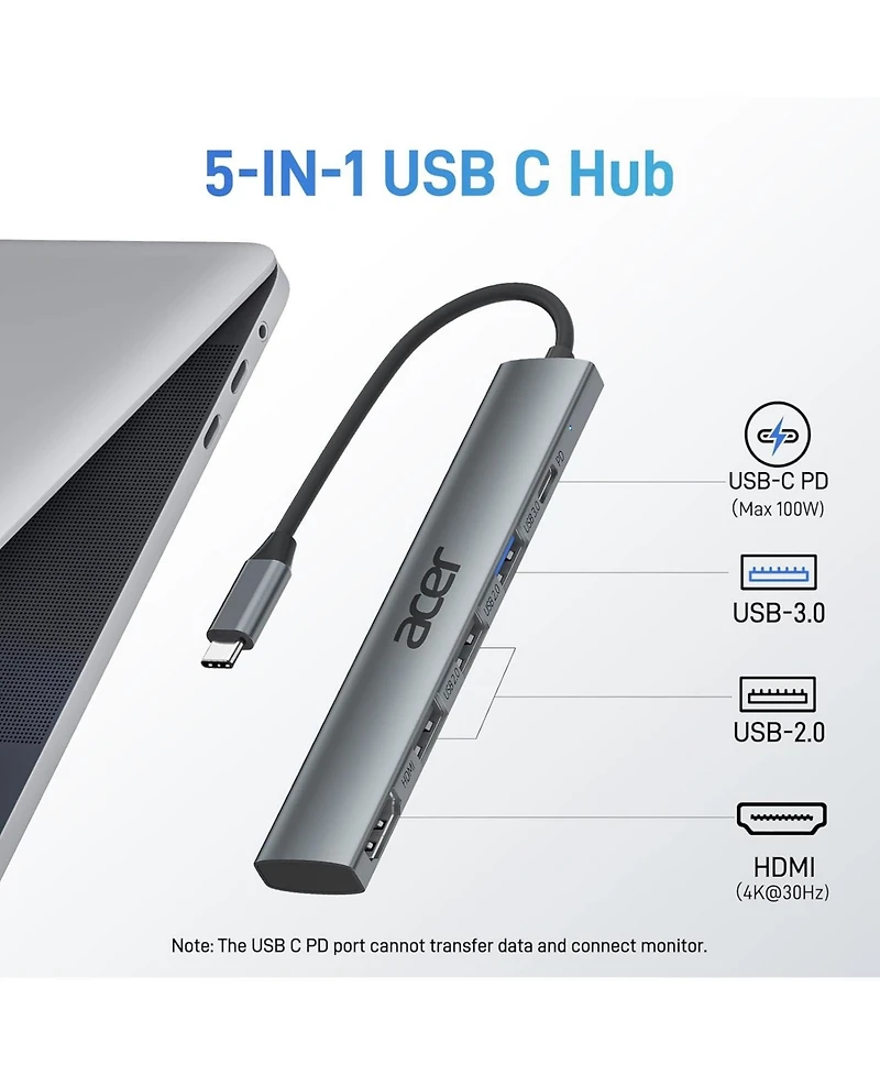 Acer 5-in-1 Usb-c Hub with 4K Hdmi, 100W Power Delivery, 3 Usb Ports, and Usb-c to Hdmi Multiport Adapter for Laptops, PCs, Tablets, MacBook, iPad, iP