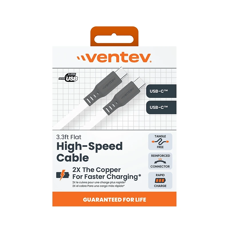 Ventev Flat Usb C to Usb C High Speed Tangle-Free 3 Foot Cable