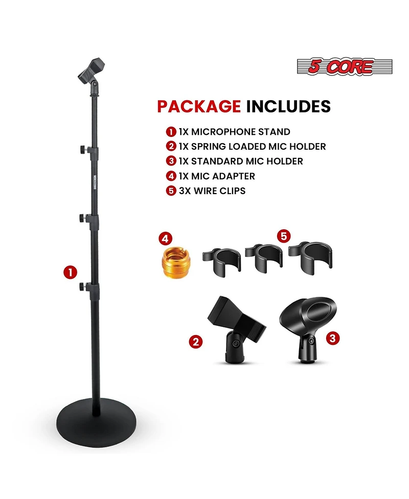 5 Core Mic Stand Floor Pair Adjustable Heavy Weight Microphone Stands Round Base
