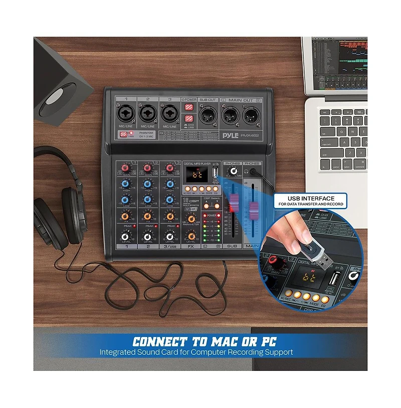 Pyle 3-Channel Audio Mixer With Usb Interface, Built-in Fx Processor, MP3 Player, Xlr & 6.35 Jack Connectors