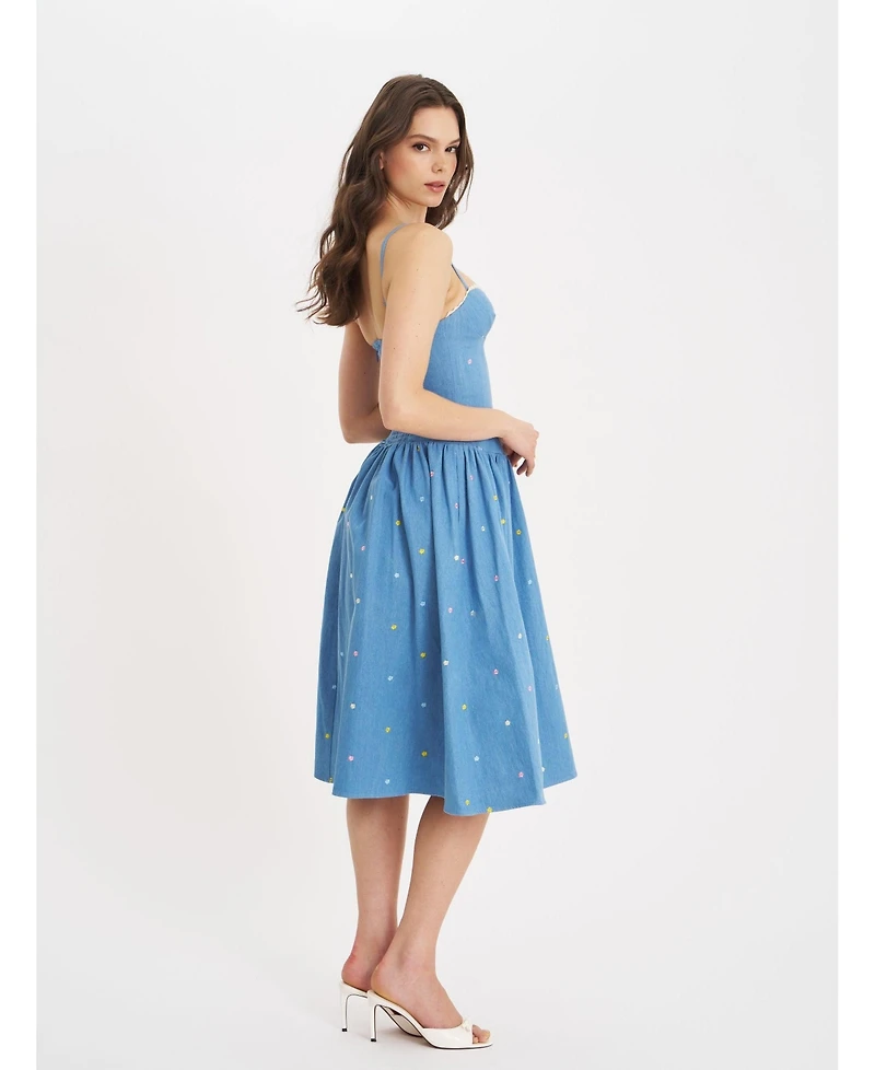 Miss Circle Women's Zadie Cotton Denim Drop Waist Embroidery Flower Midi Dress