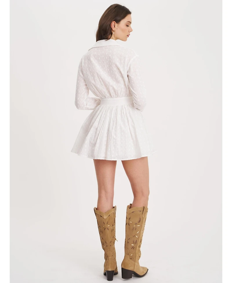 Miss Circle Women's Gabriella White Cotton Eyelet Button Up Long Sleeve Shirt Dress