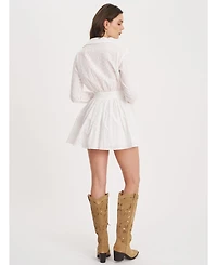 Miss Circle Women's Gabriella White Cotton Eyelet Button Up Long Sleeve Shirt Dress